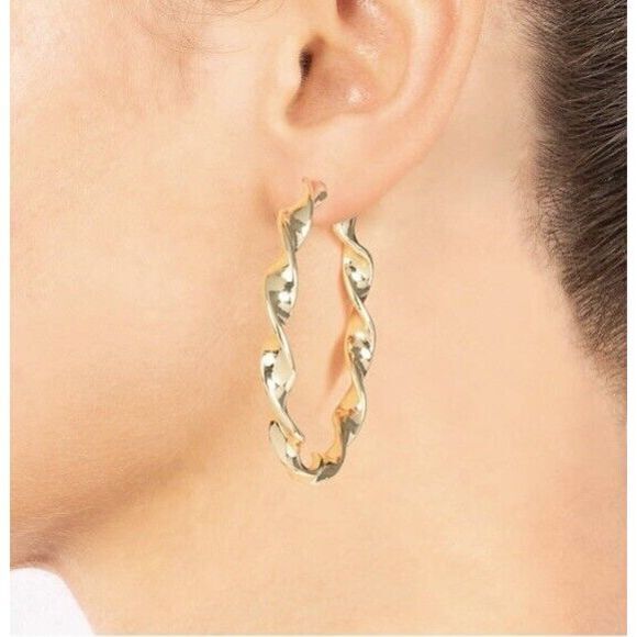 Belk‎ Silverworks Fine Gold Plated 1.9" Twist Post Hoop Earrings Post Backs New - Picture 2 of 2